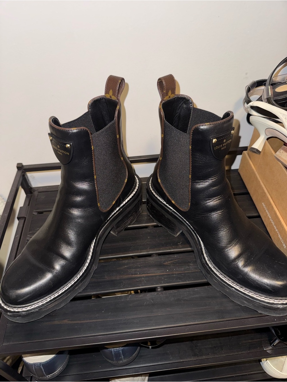 Louis Vuitton Black Leather Beaubourg Boots w/ Brown Monogram Tabs (womens 38)